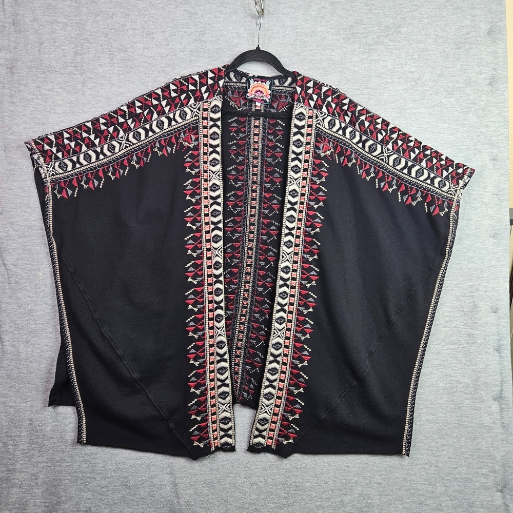 Johnny Was Sz 1X Black Maroon Embroidered Boho Open Front Poncho Cardigan Jacket